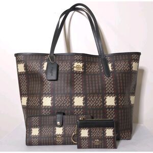 Coach City Tote Set With Matching Wallet And Coin Purse Brown Brush Plaid